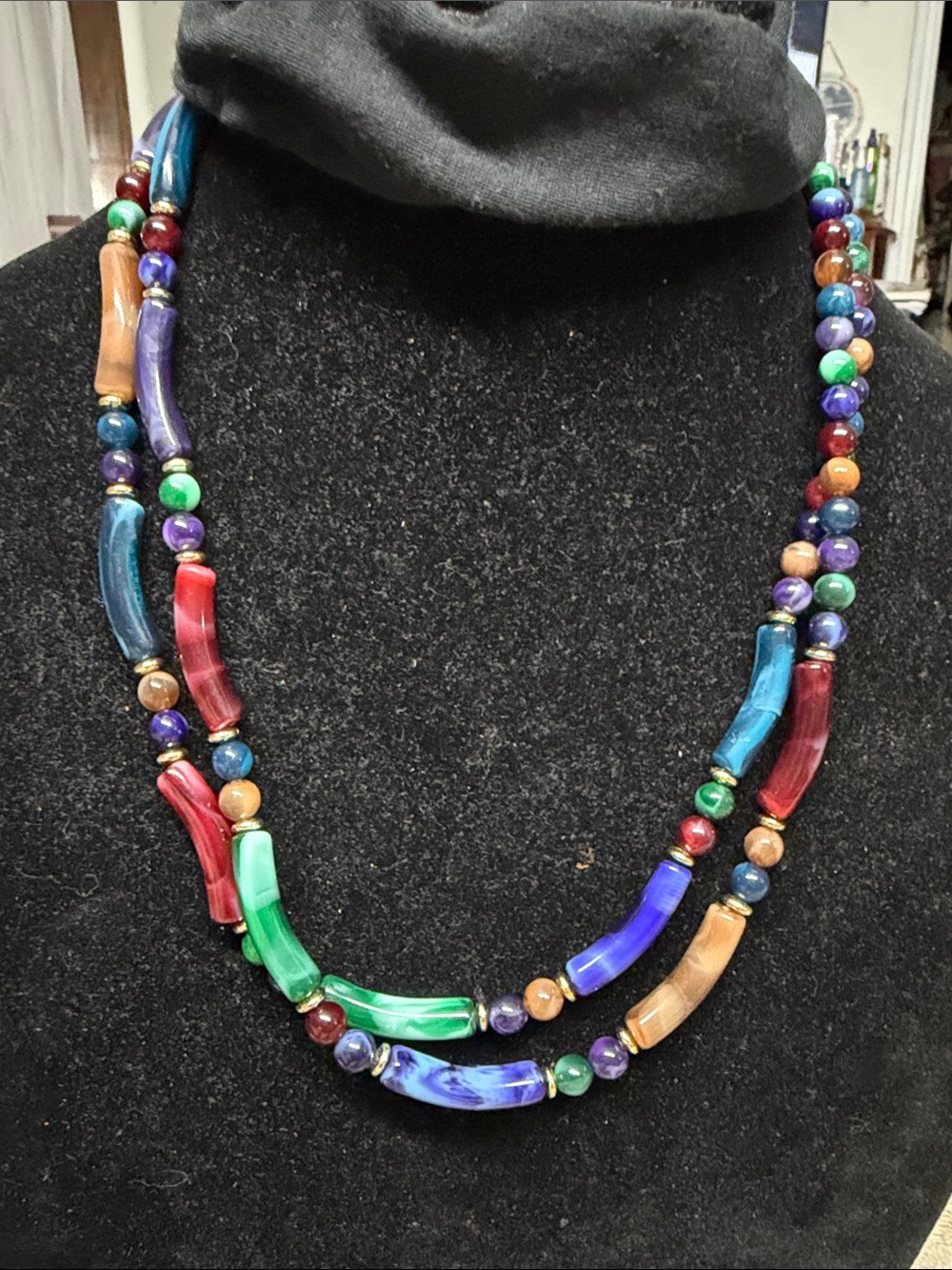 Double Strand Lucite Necklace w Glass Beads similar to natural stone